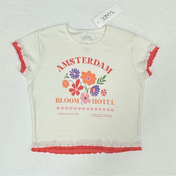 Vinyl Icons Tops - White with red ruffle hems, Amsterdam Bloom Hotel crop top. Flower print. NWT